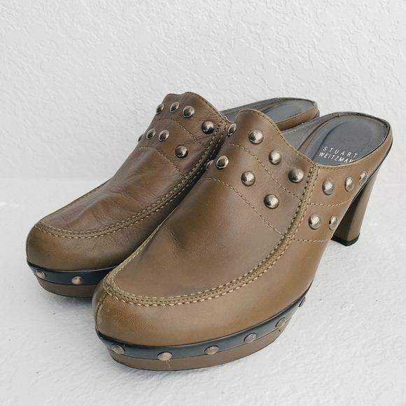 Stuart Weitzman Studded Platform Leather Mule Clog Slide Olive Green Women's 9 - Picture 10 of 11